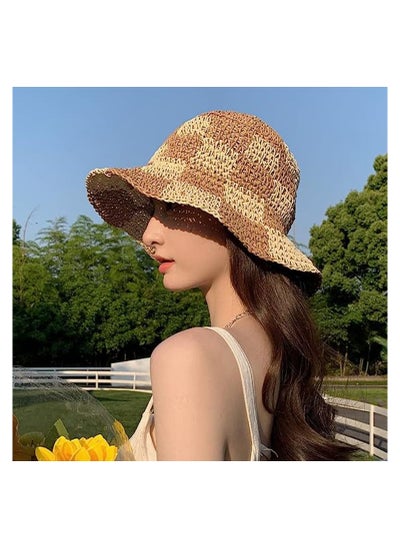 Buy Womens Straw Sun Hat Woven Bucket Hat Fishing Hat Beach Hat Foldable Cap Summer Caps, Wide Brim Bucket Hat for Women in Saudi Arabia