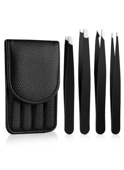 Buy 4 Piece Stainless Steel Precision Tweezers with Leather Case (Black) in UAE
