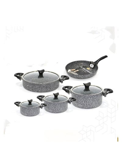 Buy 9-Piece Granite Embossed Aluminum Cookware Pots And Pans Set With Perfect Design, Gray in Saudi Arabia