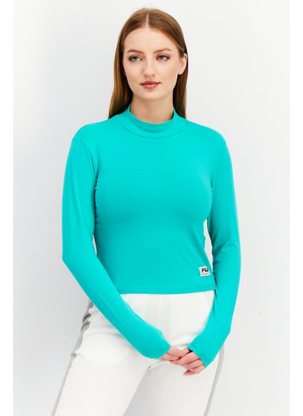 اشتري Women Sportswear Fit High Neck Long Sleeve Cropped T-Shirt, Teal في الامارات