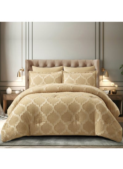 Buy Comforter Set 4-Pcs Single Size Designer Tufted Embroidery Bed Set Fits 120 x 200 Cms (350 GSM) With Down Alternative Filling,Dark Beige in UAE