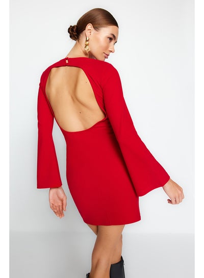 Buy Red Knitted Mini Dress with Open Back Spanish Sleeves TWOAW24EL00121 in Egypt