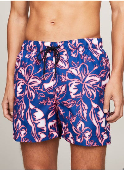 Buy Men's Print Drawstring Mid Length Swim Shorts - Polyester, Pink in Saudi Arabia