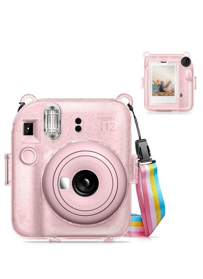 Buy Protective Clear Case for Fujifilm Instax Mini 12 Instant Camera/Crystal Hard Shell Cover w/Upgraded Film Pocket for Storing Photos & Removable Shoulder Strap (Transparent Pink) in UAE