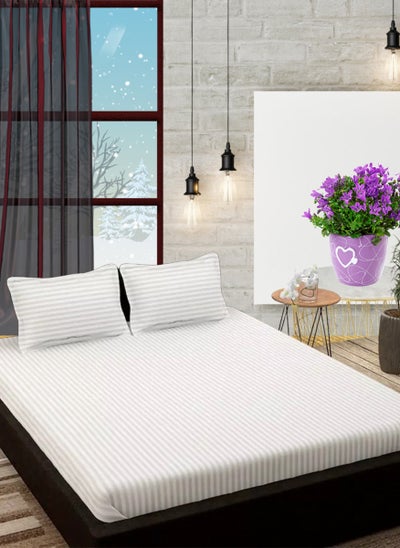 Buy White Cotton Double Striped Fitted Elastic Bedsheet Set 150x200+25cm in UAE