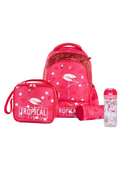 Buy 17 Inch Set Of 4 School Bag With Tritan Water Bottle 420ml, Lunch Bag And Pencil Case - Tropical Pink in UAE