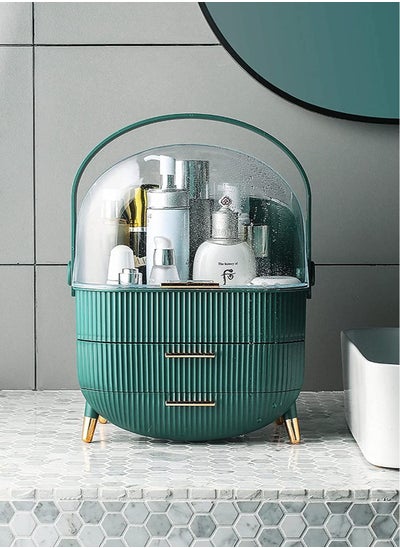 Buy Makeup Organizer Waterproof And Dustproof Large Cosmetics Storage Display Box With Lid And Drawers Suitable For Bathroom And Bedroom Vanity Dresser Green Colour in UAE