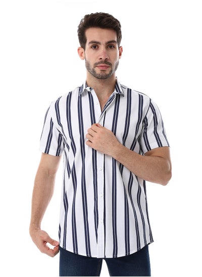 Buy Striped Pattern Short Sleeves Shirt - White & Navy Blue in Egypt