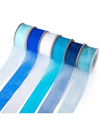 اشتري 6 Roll 1 Inch Wide Blue Organza Ribbon Sheer Chiffon Ribbon For Gift Wrapping(Blue) في الامارات