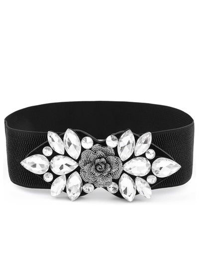 Buy Stretchy Rhinestone Wide Belt Elastic Crystal Thick Belts Fashion Waist Accessories for Women Dress in Saudi Arabia