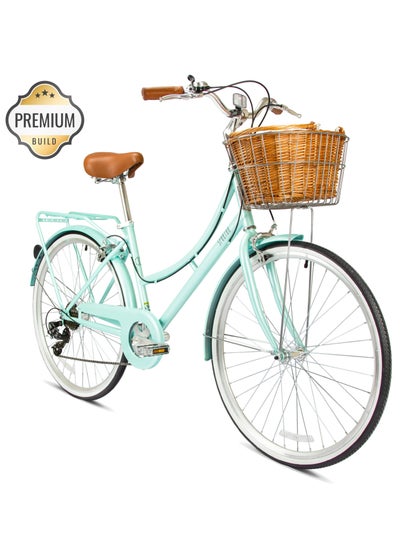 Buy Spartan Platinum City Bike – 700c – Bikes With Gears for Women – Cruiser Bicycle for Ladies – Includes Rear Rack, Vintage Basket and Stand, Comfort Saddle – Commuter Bicycles - Desert Sage in UAE