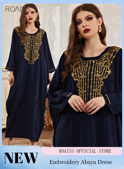Buy Women'S Muslim Bat Sleeve Dress Wide And Comfortable Classic Round Neck Long Sleeves Gold Thread Embroidery Fashion Elegant Dress in Saudi Arabia