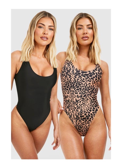 Buy 2 Pack Print Plain Scoop Neck Swimsuit in UAE