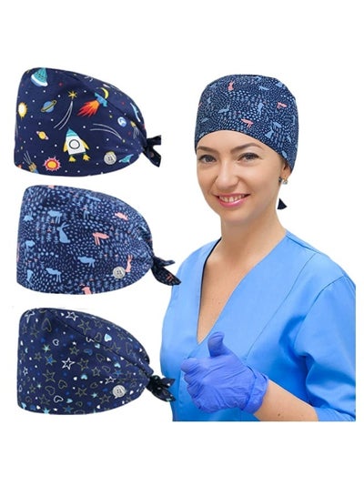 Buy Pack of 3 Surgical Cap with Button Tie, Nurses Hat with Sweatband for Femal Male,Breathable Working Scarf in UAE