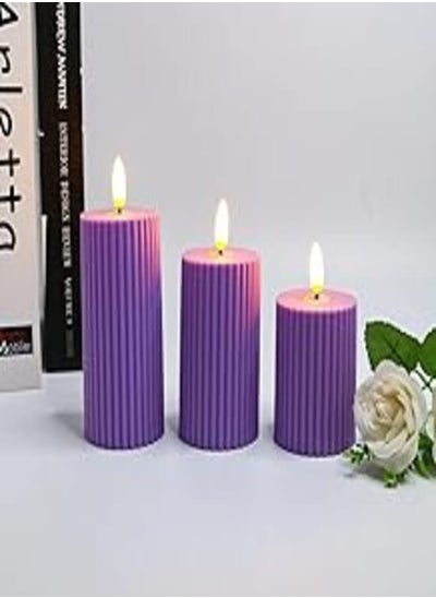 اشتري 3 Pack Cylindrical Flameless LED Candles, Battery Operated Real Wax Candles, LED Flame Moving Pillar, Real Wax with Hollow Edge (Purple) في مصر