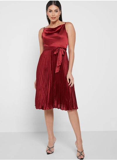 Buy Cowl Neck Tie Detail Pleated Dress in UAE