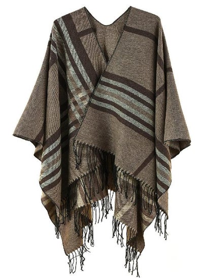 Buy Plus Size Poncho Sweaters for Women Soft V Neck Warp Blanket Shawl Knitting Striped Light Weight Cape Scarf Cardigan Thick Cross Front Cozy Woven Grey Pashmina Cover up Khaki in UAE