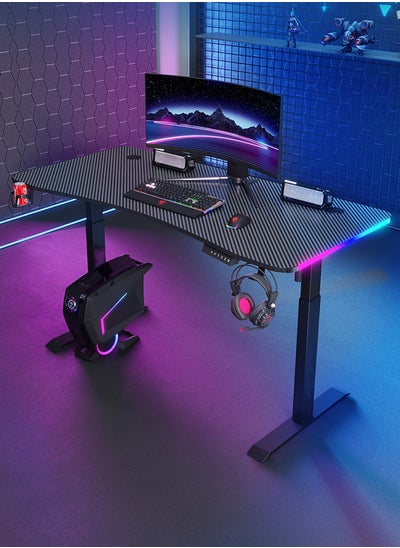 Buy Electric Adjustable Height Standing Gaming Desk Ergonomic Carbon Fiber Computer Desk Home Office Workstation Sit Stand Up Desk with RGB LED Lights Headphone Hook Cup Holder 120*60*(72-117)cm in Saudi Arabia