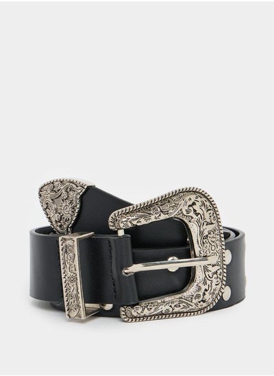 Buy Vintage Look Buckle Belt with Stud Detail in Saudi Arabia