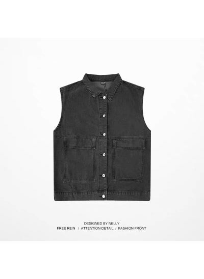 Buy Mens Denim Vest Casual Loose Sleeveless Jacket Black in UAE