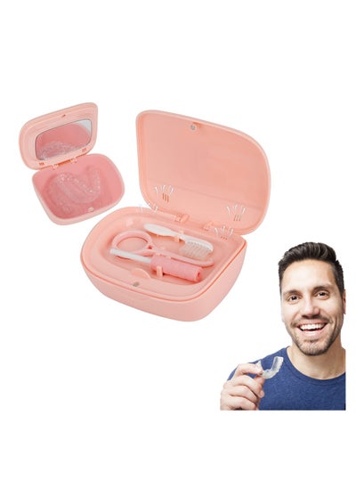 Buy Denture Bath Box Cup with Mirror Dental Braces Kit Portable Retainer Case, False Teeth Storage Box Holder, With Braces Removal Tool and Cleaning Brush (Pink) in Saudi Arabia