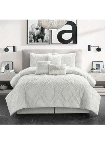 اشتري Modern Style White Diamond Pattern King Size Comforter Set Solid Color Soft and Premium Quality Cotton Comforter Set with Bed Sheet and 4 Matching Pillowcases في الامارات