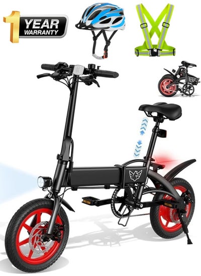 Buy Electric Folding Bike with 350W Brushless Motor, 36V 8AH Battery, Carbon Alloy Frame, 14-Inch Tires, Dual Disk Brake, 35KM Range in Single Charge, Adjustable Seat with Helmet and Safety Vest in UAE