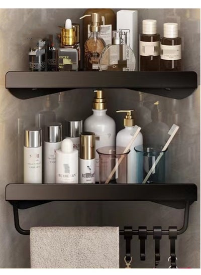 Buy 2-Pieces Bathroom Shelf Shower Shampoo Soap Organizer Wall Mounts Storage Rack With Towel Rack Black 30.5x23x7.8 cm in UAE