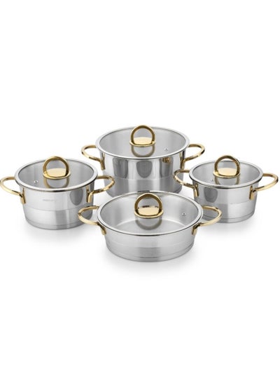 اشتري 8 Pieces Elit Cookware Set 18 Cm Deep Pot 20 Cm Deep Pot 24 Cm Deep Pot 24 Cm Short Pot Silver/Gold Color في الامارات