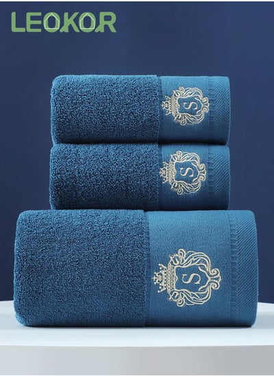 اشتري 3PCS Cotton Bath Towel Set Fast Absorbent Skin-friendly and Soft Bath Towel*1PCS and 2PCS Towels Blue في السعودية