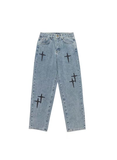 اشتري Autumn Mens Denim Jeans Cross Patch Embroidery Loose Straight Blue في السعودية