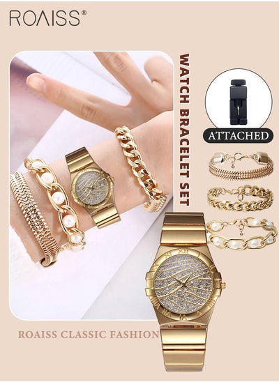 Buy 4PCS Women's Alloy Strap Bracelet Watch Set, Analog Display Round Dial Zirconium Diamonds Decorated Quartz Watch with 3 Bracelets, Elegant Watch Set for Ladies in UAE