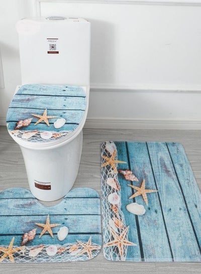 Buy Set Of 3 Pcs Bath Mat Set for Bathroom, Starfish Design Blue Color in UAE
