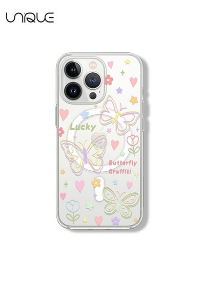 Buy Compatible with iPhone 15 Pro Max Cases,Compatible with MagSafe Phone Cases,Flower Butterfly Cases, Stick Figure Pattern Cases, TPU Drop Protection - Transparent in UAE