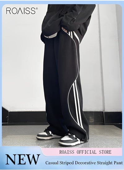 اشتري Men's Casual Loose Striped Sports Pants Fashion Versatile Running Wide Leg Pants Ankle Can Be Tightened With Elastic Waist Design Casual Pants في السعودية