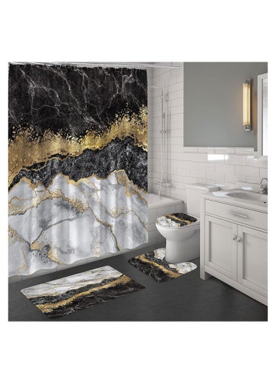 Buy 4 Pcs Black Marble Shower Curtain Sets with Rugs, Black Grey Gold Bathroom Sets with Shower Curtain and Rugs and Accessories, Modern Bathroom Accessories Decor with Bath Mats (grey) in UAE