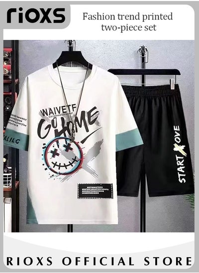 Buy Men's Two Piece Outfits Graffiti Printed Top and Drawstring Waist Shorts Fashion Casual Short Sleeve T-shirt and Shorts Set in UAE