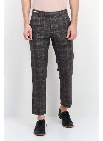 Buy Men Regular Fit Plaid Straight Leg Pants, Grey/Brown in Saudi Arabia