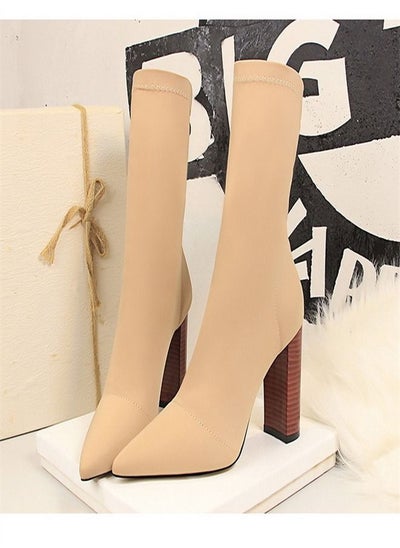 Buy Wood Grain Heel Pointed High Heel Boots 9.5CM Beige in Saudi Arabia