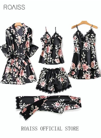 Buy 5-Pack Women's Sleepwear Sets Sling Lace Nightdress Sweet Pajama Home Wearing Clothes Loungewear Suits Floral Printing Ladies Nightwear Lingerie Robe Underwear Shorts Summer Spring Multicolor in UAE