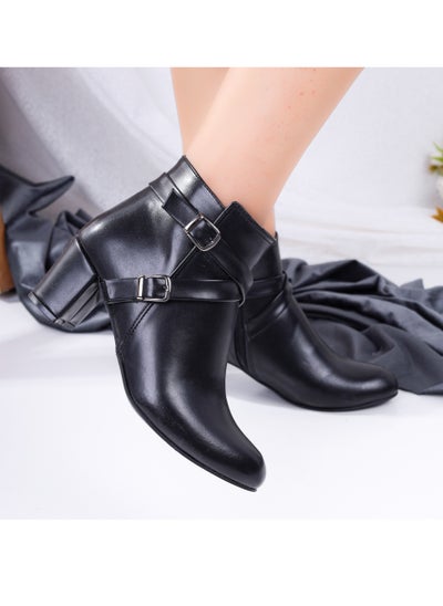 Buy Ankle Boot Heels Leather With Accessories R-21 - Black in Egypt