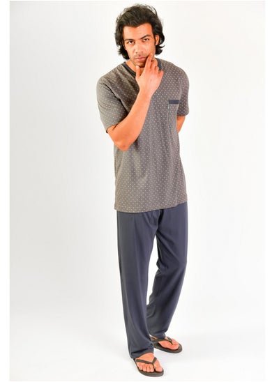 Buy Jet Men Summer Pajama Set Printed Top V Neck & Plain Bottom - Dark Gray in Egypt