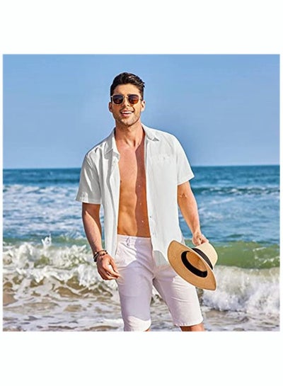 Buy Men's Short Sleeve V-Neck Henley Shirt Loose Linen Button-Up Tops Casual Beach Shirt in UAE