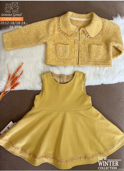 Buy Girls Going Out Dress Gold Colored Booklet Jacket with Soft Fluffy Trim Dress and Satin Skirt Lining Mustard Color by Senior Gentle in Egypt