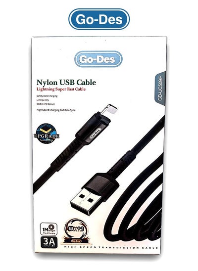 اشتري Go-Des Lightning Superfast Charging Data cable & Upto 480 Mbps Transfer Speed With 3A Output Nylon Braided 1Meter Black في السعودية