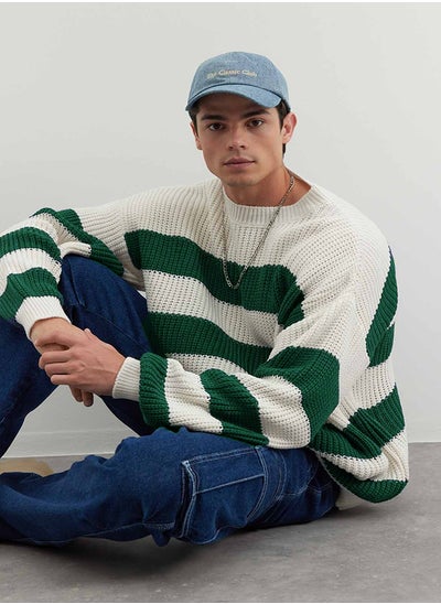 اشتري Dark Green Oversize Fit Wide Fit Crew Neck Striped Knitwear Sweater TMNAW23KZ00106 في مصر