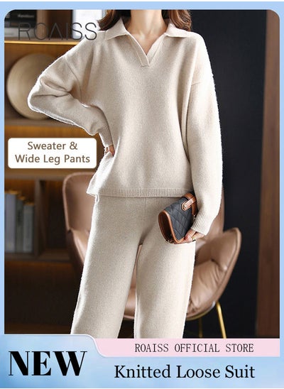 اشتري Women's Oversized Loose Suit Knitted Sweater Outfits 2 Piece Casual Set Solid Color Long Sleeve Wide Leg Pants في السعودية