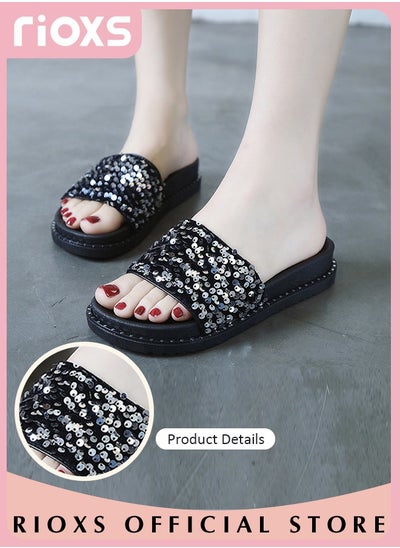 اشتري Women's Summer Fashion Flipping Sequins Slippers Non-Slip Beach Sandals Soft Thick-soled Sandals for Indoor or Outdoor Use في السعودية