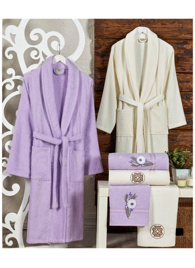 Buy 6-Piece Turkish Velour Cotton Bathrobe Set for Couples with Matching Bath Towels and Hand Towels Lilac/Ivory in UAE