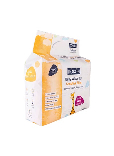 Buy Pack Of 180 Baby Wipes For Sensitive Skin, 3 X 60 Pieces, 1 Kit in Saudi Arabia